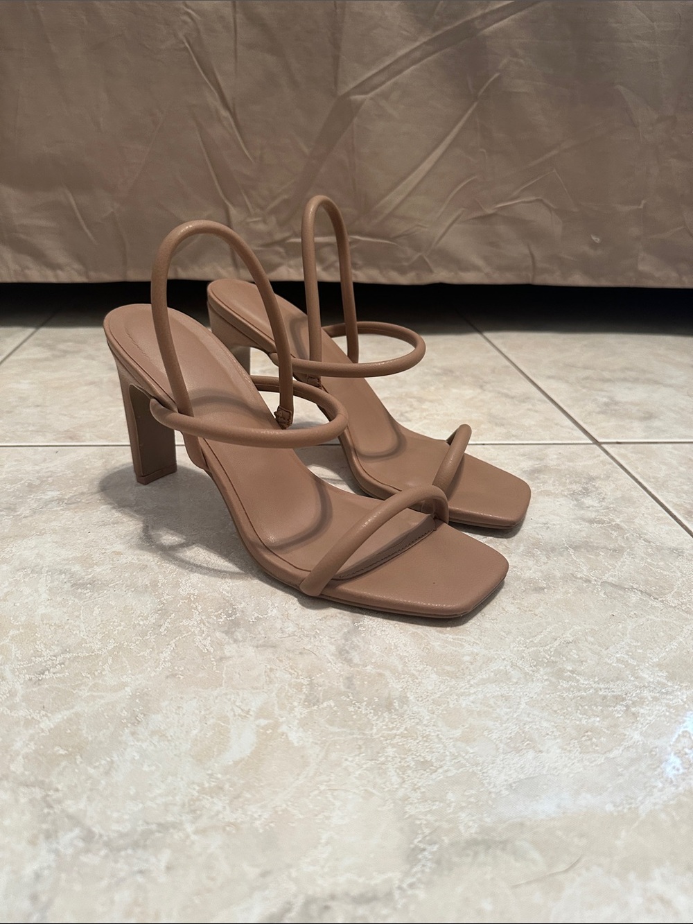 Aldo Nude-Tan Strappy Square Toe Block Heels